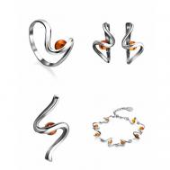 Комплект бижутерии: браслет, кольцо, серьги, подвеска, янтарь, коричневый AmberHandMade