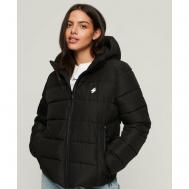куртка  , демисезон/зима, силуэт свободный, утепленная, карманы, стеганая, капюшон, размер 46, черный Superdry