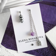 Серьги , родирование, аметист, гематит, размер/диаметр 80 мм., серебряный, серый ELENA MINAKOVA Jewelry Design