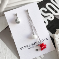 Серьги , родирование, агат, коралл, магнезит, размер/диаметр 75 мм., белый, красный ELENA MINAKOVA Jewelry Design