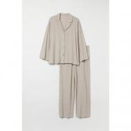 Пижама , рубашка, брюки, длинный рукав, пояс на резинке, без карманов, размер 4XL, бежевый H&M