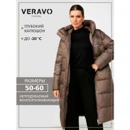 Пуховик , удлиненный, силуэт свободный, карманы, капюшон, размер 50, коричневый VeraVo