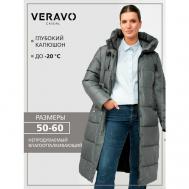 Пуховик , удлиненный, силуэт свободный, карманы, капюшон, размер 60, серый VeraVo