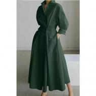 Платье-рубашка хлопок, повседневное, классическое, свободный силуэт, размер M-L, зеленый IWANT