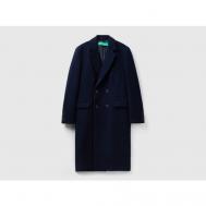 Пальто  демисезонное, шерсть, удлиненное, размер 54, синий United Colors of Benetton