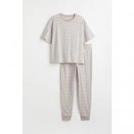 Пижама , футболка, брюки, короткий рукав, трикотажная, пояс на резинке, без карманов, размер XXL, белый, бежевый H&M