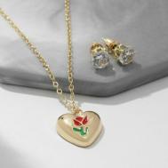 Комплект бижутерии Гарнитур 2 предмета: серьги, кулон "Сердце" с цветком внутри, цвет золото, 40 см, золотой ProMarket