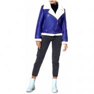 Куртка , искусственный мех, укороченная, силуэт прямой, пояс/ремень, размер 44, синий Нет бренда