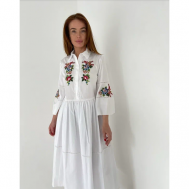 Платье ампир , хлопок, полуприлегающее, миди, карманы, размер 42, белый, мультиколор Gizia