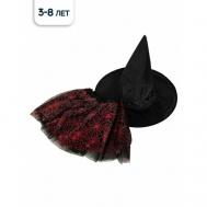 Карнавальный костюм  на Хэллоуин, костюм для девочки Маленькая Ведьмочка, юбочка+шляпа, черный/красный, 3-8 лет Riota