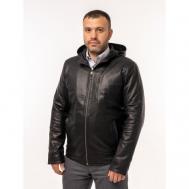 Кожаная куртка  демисезонная, силуэт прилегающий, водонепроницаемая, внутренний карман, карманы, съемный капюшон, капюшон, герметичные швы, размер 56, черный Roman Roberman