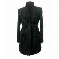 Пальто , каракуль, удлиненное, силуэт прямой, карманы, пояс/ремень, размер 44/46, черный ZEBO
