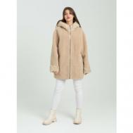 Куртка , овчина, средней длины, оверсайз, карманы, капюшон, размер 54, бежевый RIA