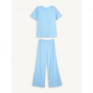 Пижама , брюки, футболка, короткий рукав, без карманов, трикотажная, пояс на резинке, стрейч, размер 42, голубой CATFIT