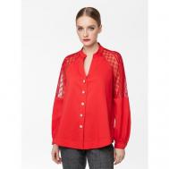 Блуза  , нарядный стиль, трапеция силуэт, длинный рукав, пояс/ремень, размер 44, красный LO