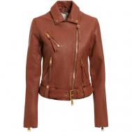 Кожаная куртка   демисезонная, силуэт прилегающий, карманы, размер M, коричневый Guess