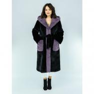 Пальто , искусственный мех, удлиненное, силуэт прямой, карманы, капюшон, пояс/ремень, размер L, черный Prima Woman