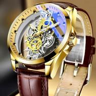 Наручные часы Популярные мужские часы TIGERASO, модные кварцевые наручные часы со скелетом, водонепроницаемые часы из нержавеющей стали, роскошные мужские часы, золотой, коричневый Нет бренда