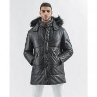 Кожаная куртка  зимняя, силуэт прямой, утепленная, ветрозащитная, карманы, быстросохнущая, подкладка, герметичные швы, отделка мехом, водонепроницаемая, внутренний карман, капюшон, съемный капюшон, размер 52, черный Gallotti