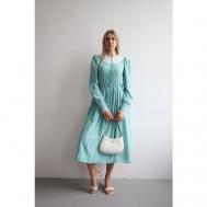 Платье , натуральный шелк, в классическом стиле, полуприлегающее, миди, пояс на резинке, подкладка, размер 40, голубой NA LUBVI