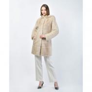 Пальто , норка, силуэт полуприлегающий, капюшон, пояс/ремень, размер 40, бежевый VINICIO PAJARO