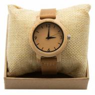 Наручные часы Наручные часы из натурального бамбука с минималистичным циферблатом 37мм и плоским кожаным ремешком светло-коричневого цвета в стильной коробке, бежевый gamesfamily