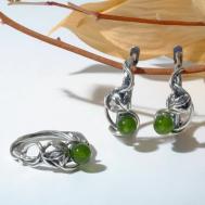 Комплект бижутерии : кольцо, серьги, латунь, серебрение, искусственный камень, нефрит, зеленый, серебряный Жемчужина