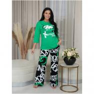 Комплект , брюки, футболка, укороченный рукав, карманы, пояс на резинке, трикотажная, размер 50, зеленый lovetex.store