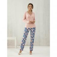 Пижама , брюки, лонгслив, укороченный рукав, размер 52, голубой, розовый Relax Mode