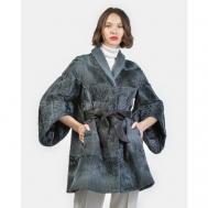 Пальто , каракуль, силуэт трапеция, пояс/ремень, размер 44, серый JUN