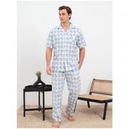 Пижама , рубашка, брюки, пояс на резинке, размер XL, синий DORIZORI