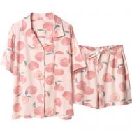 Пижама , шорты, рубашка, брюки, короткий рукав, пояс на резинке, без карманов, размер S, розовый Made&Sold