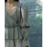 Блуза  , нарядный стиль, свободный силуэт, длинный рукав, однотонная, размер S, серебряный, серый SASHINA