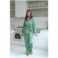 Пижама , рубашка, брюки, укороченный рукав, пояс на резинке, карманы, пояс, размер 52, зеленый Pijama story