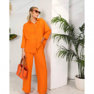 Костюм, рубашка и брюки, повседневный стиль, свободный силуэт, пояс на резинке, карманы, размер 48-50 (L), оранжевый Не определен