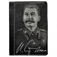 Обложка для паспорта  Сталин_черный, натуральная кожа, отделение для карт, горчичный GOCH