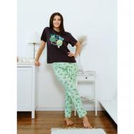 Пижама , футболка, брюки, короткий рукав, трикотажная, карманы, пояс на резинке, размер 56, зеленый, коричневый Ohana market