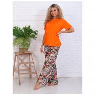 Пижама , футболка, брюки, трикотажная, пояс на резинке, без карманов, размер 52, оранжевый LarChik