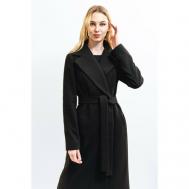Пальто-халат  демисезонное, шерсть, силуэт прилегающий, удлиненное, размер 44, черный DLusso