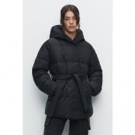 куртка   демисезонная, средней длины, силуэт полуприлегающий, пояс/ремень, карманы, капюшон, утепленная, стеганая, размер XL, черный BEFREE