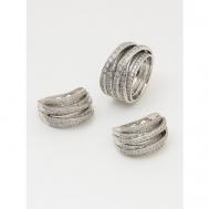 Комплект бижутерии : кольцо, серьги, нержавеющая сталь, бижутерный сплав, родирование, циркон, размер кольца 18, серебряный Janess