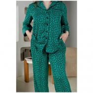 Пижама , рубашка, брюки, застежка пуговицы, длинный рукав, карманы, пояс на резинке, пояс, размер L, зеленый Pijama story