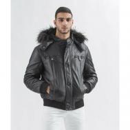 Кожаная куртка , демисезон/зима, силуэт прямой, утепленная, ветрозащитная, карманы, быстросохнущая, подкладка, герметичные швы, манжеты, водонепроницаемая, внутренний карман, капюшон, съемный капюшон, размер 50, черный Gallotti