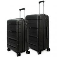 Умный чемодан , 2 шт., полипропилен, рифленая поверхность, водонепроницаемый, увеличение объема, опорные ножки на боковой стенке, 120 л, размер M/L, черный Ambassador