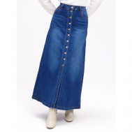 Юбка-карандаш  джинсовая, макси, разрез, стрейч, размер 54, синий LINA REY