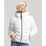 куртка  , демисезон/зима, средней длины, силуэт свободный, несъемный капюшон, подкладка, утепленная, стеганая, карманы, размер 6, белый Superdry