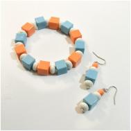 Комплект бижутерии : браслет, серьги, размер браслета 18 см., голубой, оранжевый Tularmodel