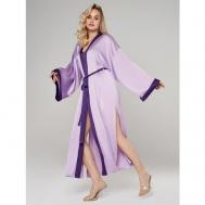 Халат  удлиненный, длинный рукав, без карманов, пояс, размер 42-48, бежевый, фиолетовый ALZA