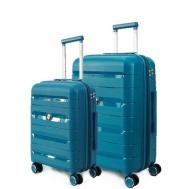 Умный чемодан , 2 шт., полипропилен, увеличение объема, водонепроницаемый, рифленая поверхность, опорные ножки на боковой стенке, 80 л, размер S/M, бирюзовый Ambassador