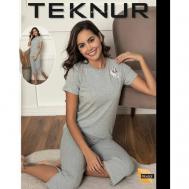 Пижама , футболка, брюки, короткий рукав, стрейч, размер 46, серый Teknur